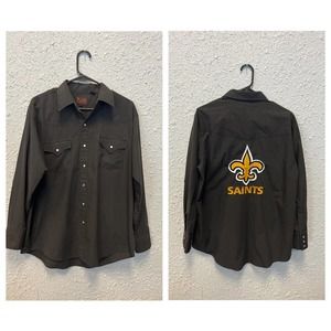 Men's Plains Western Wear Black Pearl Snap Saints Football Shirt Size Large